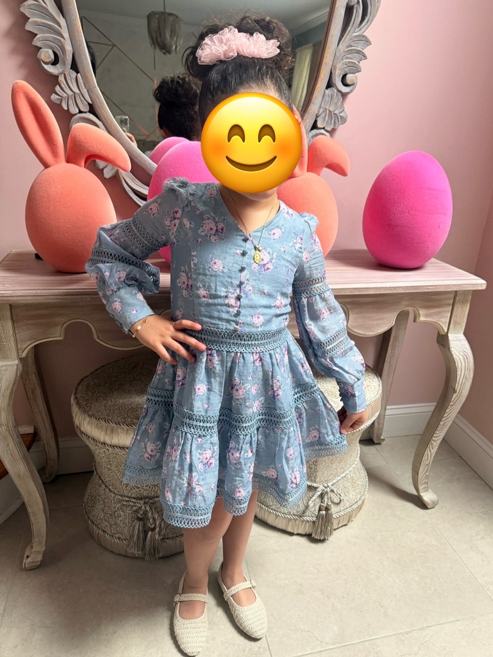 Blue Floral Lace-Trim Girls' Long-Sleeve Special Occasion Dress